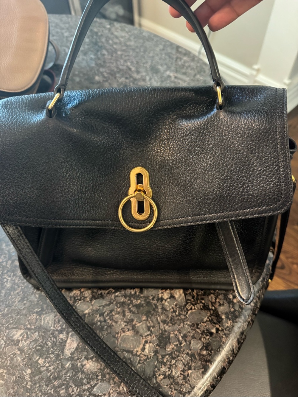Black Leather Satchel with Gold Ring Hardware